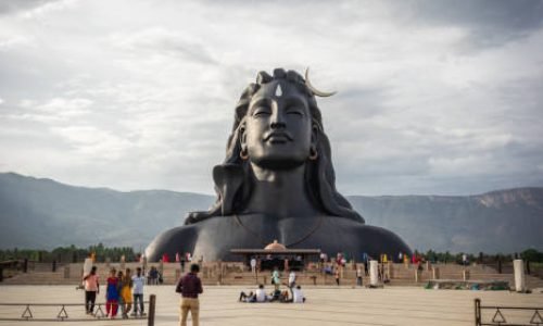 adiyogi lord shiva statue from unique different angles image is taken at coimbatore india on jan 10 2019 showing the god statue in mountain and sky background. This is the symbol of faith in God.
